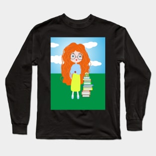 girl and books illustration, Long Sleeve T-Shirt